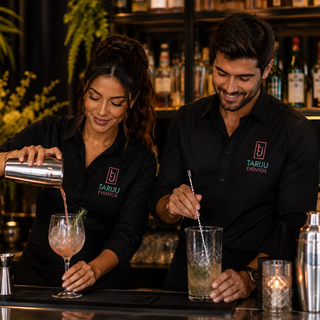 Bartender preparando drinks em evento corporativo
